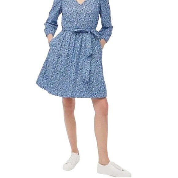 J. CREW FACTORY BLUE FLORAL LIGHTWEIGHT COTTON PUFF SLEEVE MINI DRESS BK511 Sz.S - Picture 1 of 16
